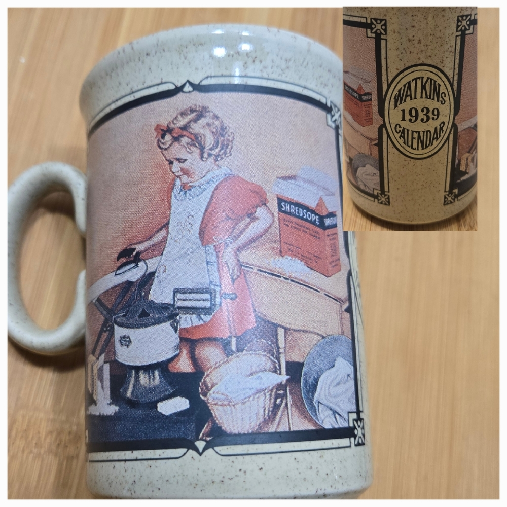 Watkins 1939 Calendar Stoneware Coffee Cup Mug - Girl Ironing